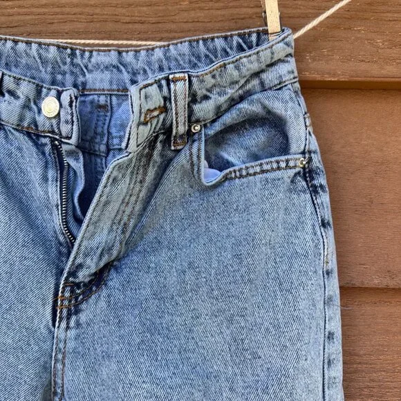 Distressed Blue Denim Jeans W/ Rhinestone Trim & Raw Hem For Women - Picture 5 of 14